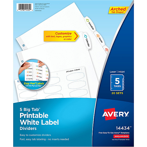 Avery&reg; Big Tab Printable White Label Dividers 20 x Divider(s) - 100 Tab(s) - 5 - 5 Tab(s)/Set - 8.5" Divider Width x 11" Divider Length - 3 Hole Punched - White Paper Divider - White Paper Tab(s) - 20% - Hole-punched, Printable, Easy Peel, Rei (14434)