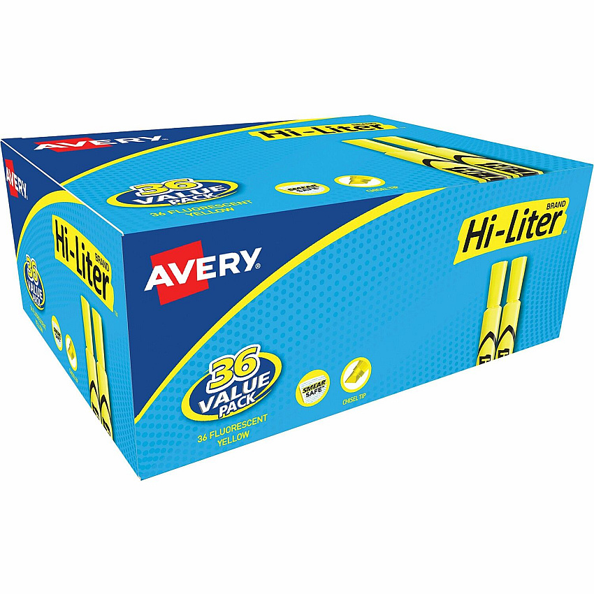 Avery&reg; Hi-Liter Desk-Style Highlighters Chisel Marker Point - Fluorescent Yellow Ink - Water Based - 36 / Box (98208)