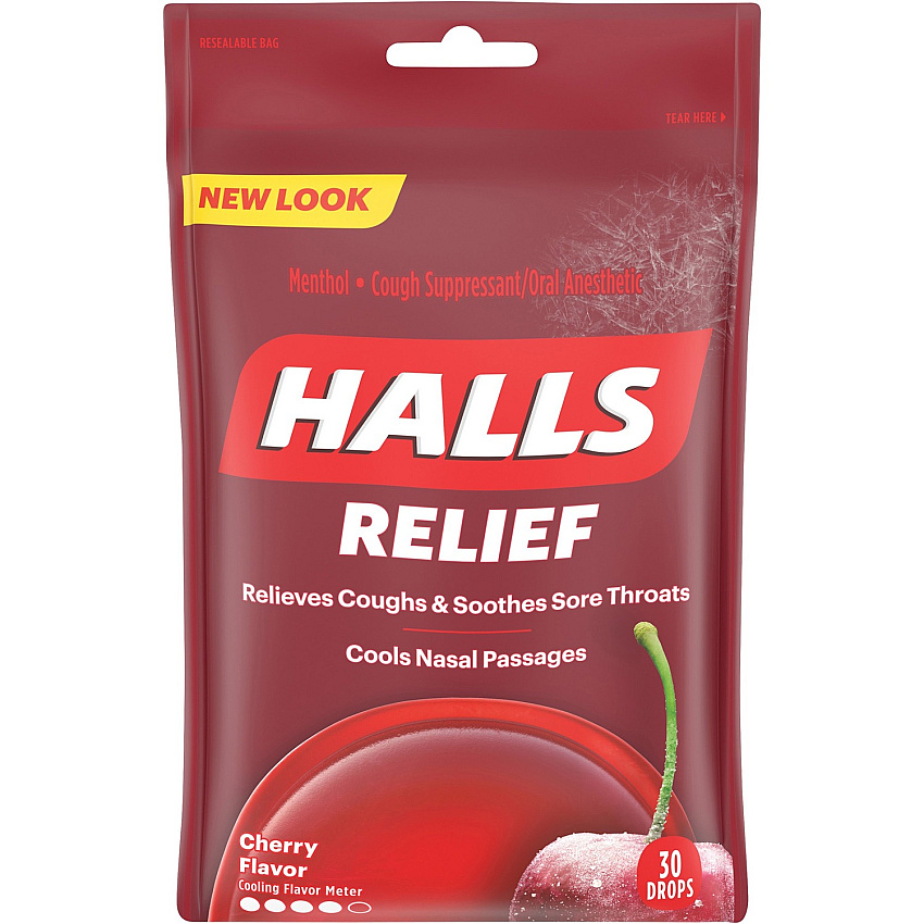 Cadbury Halls Cherry Cough Drops For Sore Throat, Cough, Nasal Congestion - Cherry - 30/Bag - 12 / Box (62182)
