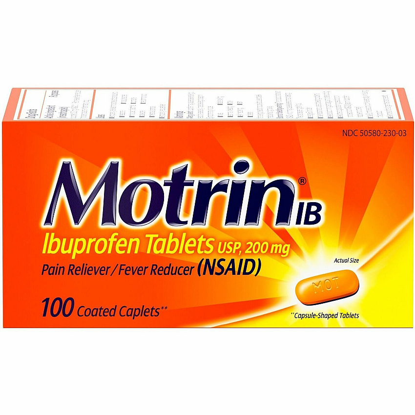 Motrin IB Ibuprofen Tablets For Fever, Common Cold, Headache, Backache, Muscular Pain, Arthritis, Toothache - 100 / Box (048101)
