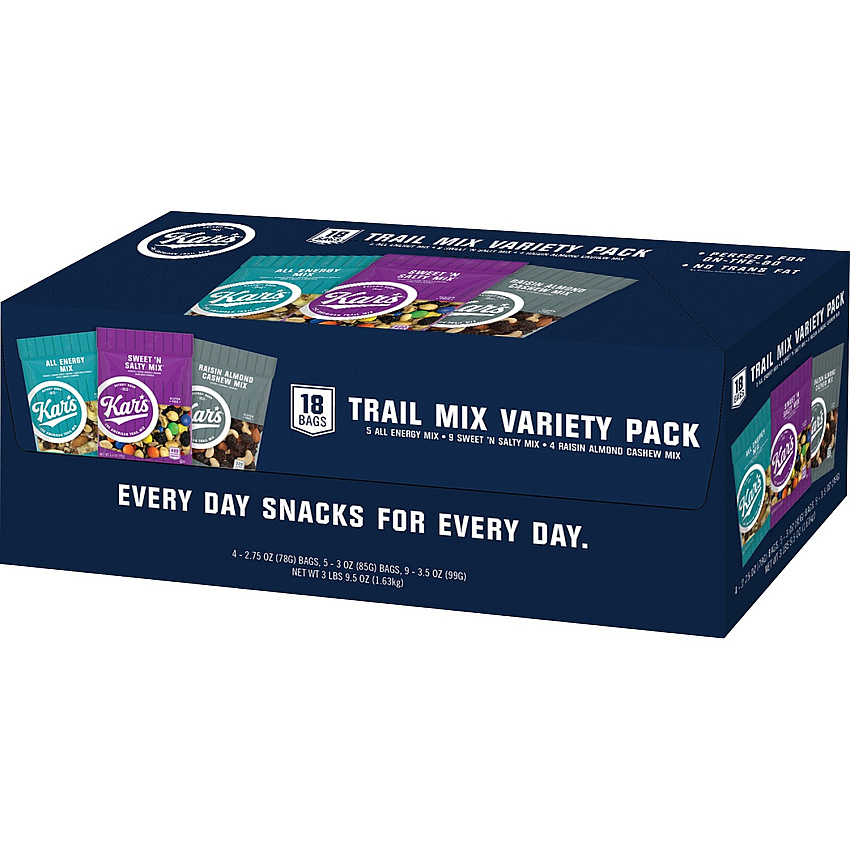 Kar's Nut and Fruit Variety Pack Cholesterol-free, Fat-free - Fruit and Nut, Peanut, Almond, Mango, Banana, Date, Sunflower Kernel, Raisin - 1 Serving Bag - 2.75 oz - 18 / Box (SN08826)