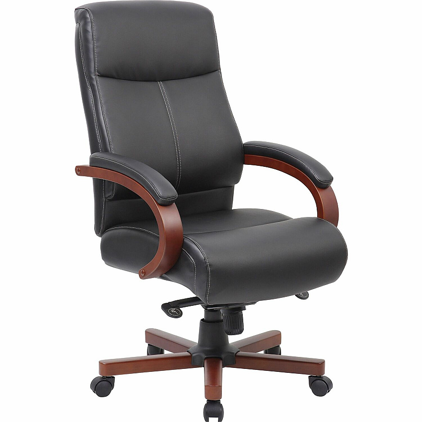 Lorell Executive High-Back Wood Finish Office Chair Black Seat Color - Bonded Leather Seat Material - Black Back Color - Bonded Leather Back Material - High Back - Black, Mahogany - 1 Each (LLR69532)