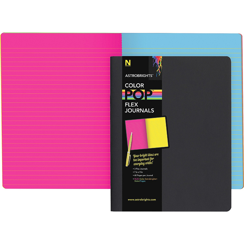 Astrobrights Flex Journals with Eclipse Black Cover 60 Pages - Printed - Ruled Pages - Stitched - 7" x 9" - Multicolor Paper - Eclipse Black Cover - Flexible, Durable Cover - 3 / Pack (99724)
