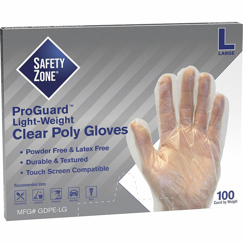 Safety Zone Clear Powder Free Polyethylene Gloves 11.75" Glove Length - Large Size - Clear - Die Cut, Heat Sealed Edge, Embossed Grip, Latex-free, Silicone-free, Recyclable - For Food - 100 / Pack (GDPELG)