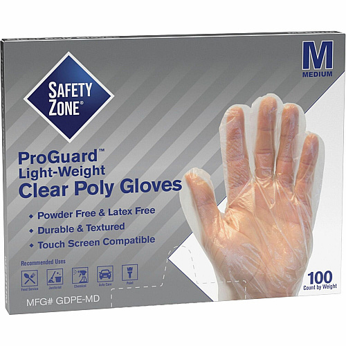 Safety Zone Clear Powder Free Polyethylene Gloves 11.75" Glove Length - Medium Size - Clear - Die Cut, Heat Sealed Edge, Embossed Grip, Latex-free, Silicone-free, Recyclable - For Food - 100 / Pack (GDPEMD)