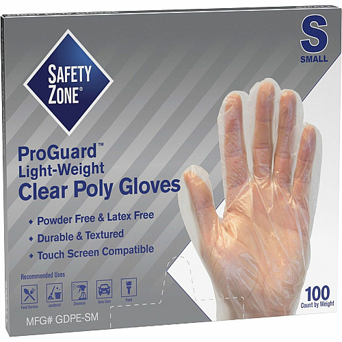 Safety Zone Clear Powder Free Polyethylene Gloves 11.75" Glove Length - Small Size - Clear - Die Cut, Heat Sealed Edge, Embossed Grip, Latex-free, Silicone-free, Recyclable - For Food - 100 / Pack (GDPESM)