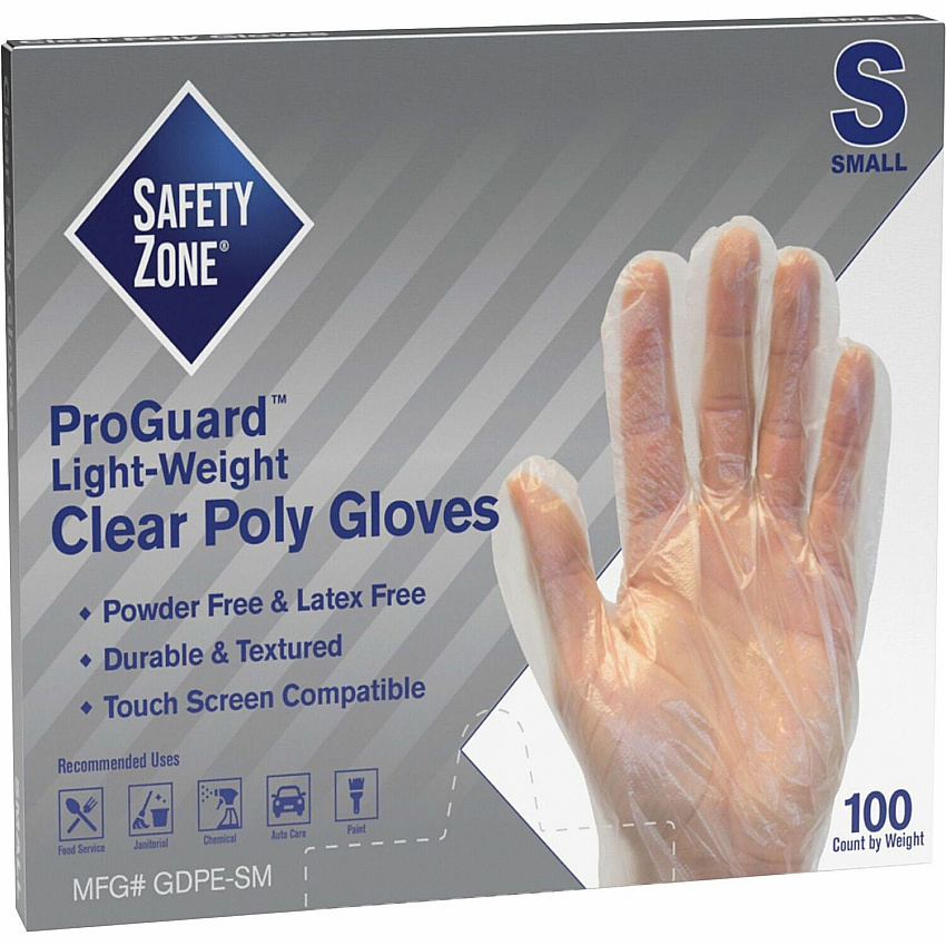 Safety Zone Clear Powder Free Polyethylene Gloves 11.75" Glove Length - Small Size - Clear - Die Cut, Heat Sealed Edge, Embossed Grip, Latex-free, Silicone-free, Recyclable - For Food - 100 / Pack (GDPESM)