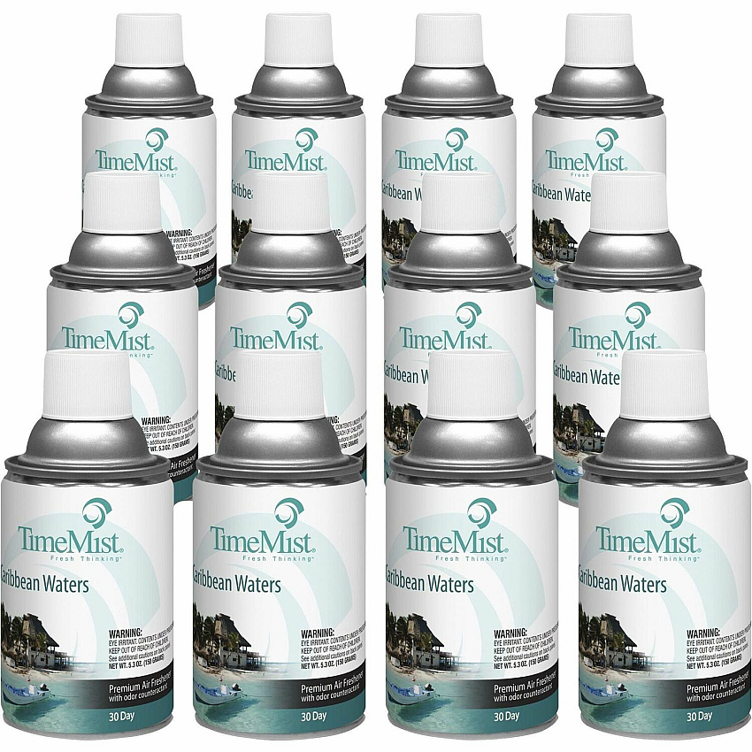TimeMist Metered 30-Day Caribbean Waters Scent Refill Spray - 6000 ft³ - 6.6 fl oz (0.2 quart) - Caribbean Waters - 30 Day - Long Lasting, Odor Neutralizer - 12 / Carton (1042756CT)