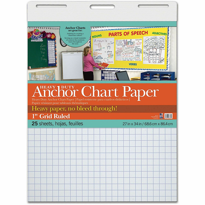 Pacon Heavy Duty Anchor Chart Paper 25 Sheets - Grid Ruled Front Ruling - 1" Ruled - 1 Horizontal Squares - 1 Vertical Squares - 27" x 34" Sheet Size - White Paper - 4 / Carton (3372)