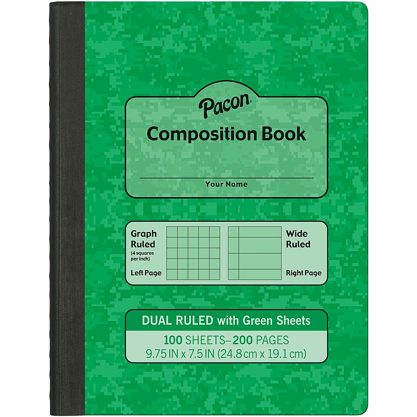 Pacon Dual Ruled Composition Book Plain - Quad Ruled, Wide Ruled Front Ruling - 9.75" Height x 7.5" Width x 0.5" Length - Green Cover - 24 / Carton (MMK37162)