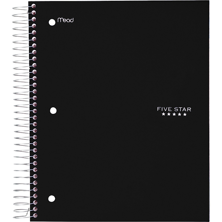 Acco Five Star Wirebound Black 5-subject Notebook 200 Sheets - Wire Bound - Wide Ruled Front Ruling - 3 Hole(s) - 8" x 10 1/2" Sheet Size - Black Plastic Cover - Perforated, Water Resistant, Durable Cover, Resist Bleed-through, Easy Tear, Pocket D (72045)
