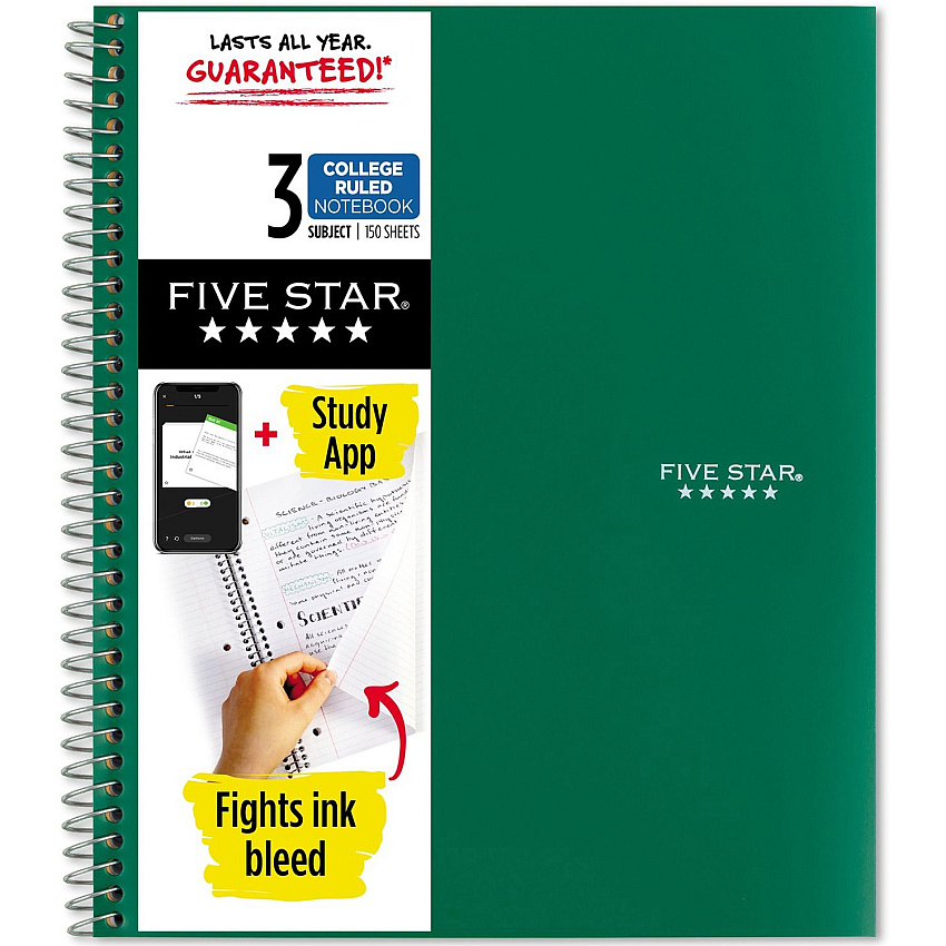 Acco Five Star College Ruled 3 - subject Notebook - Letter 150 Sheets - Wire Bound - College Ruled Front Ruling - Letter - 8 1/2" x 11" Sheet Size - Green Kraft Cover - 1 Each (72067)