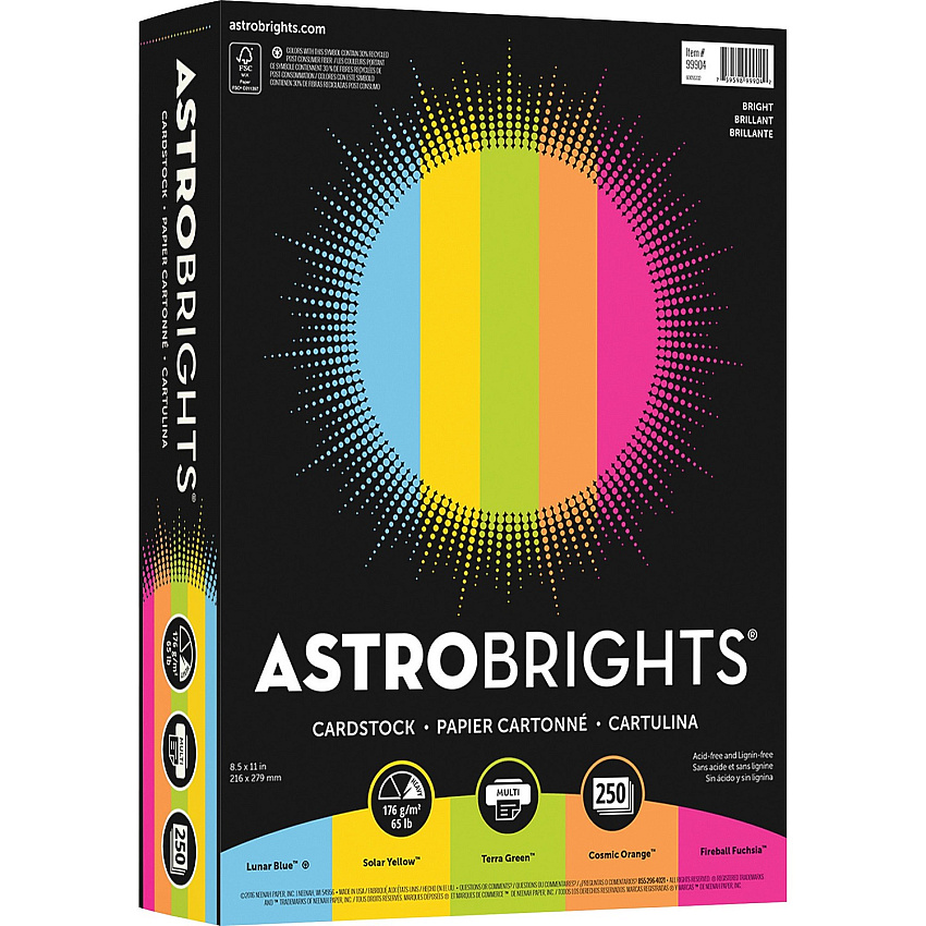 Astrobrights Color Card Stock - 5 Assorted Colours 8 1/2" x 11" - High-impact, Durable, Printable, Acid-free, Lignin-free - Lunar Blue, Solar Yellow, Terra Green, Cosmic Orange, Fireball Fuchsia - 250 / Pack (99904)
