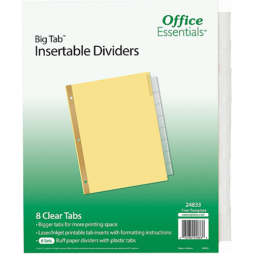 Avery&reg; Office Essentials Big Tab Insertable Dividers 384 x Divider(s) - 384 Tab(s) - 8 - 8 Tab(s)/Set - 8.5" Divider Width x 11" Divider Length - 3 Hole Punched - Buff Paper Divider - Clear Plastic Tab(s) - 30% Recycled - 48 / Carton (24833)