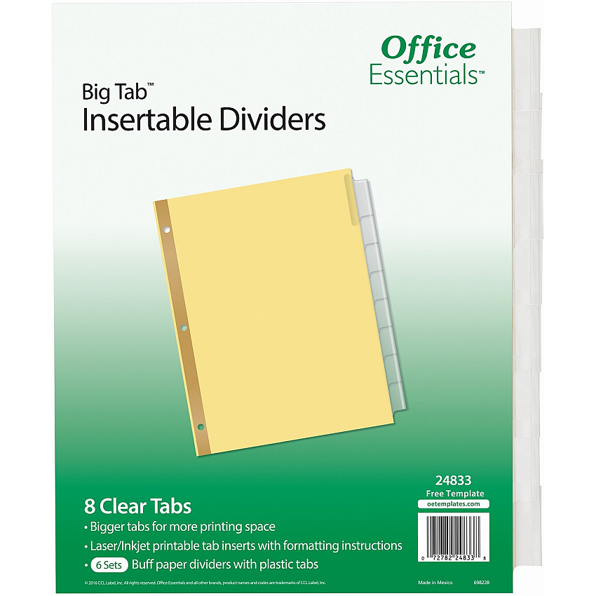 Avery&reg; Office Essentials Big Tab Insertable Dividers 384 x Divider(s) - 384 Tab(s) - 8 - 8 Tab(s)/Set - 8.5" Divider Width x 11" Divider Length - 3 Hole Punched - Buff Paper Divider - Clear Plastic Tab(s) - 30% Recycled - 48 / Carton (24833)