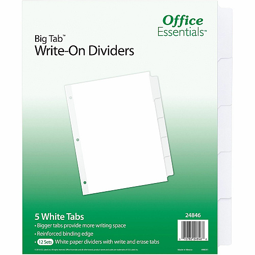 Avery&reg; Office Essentials Big Tab Write-On Tab Dividers 60 x Divider(s) - 5 Write-on Tab(s) - 5 - 5 Tab(s)/Set - 8.5" Divider Width x 11" Divider Length - 3 Hole Punched - White Paper Divider - White Paper Tab(s) - 1 Carton (24846)