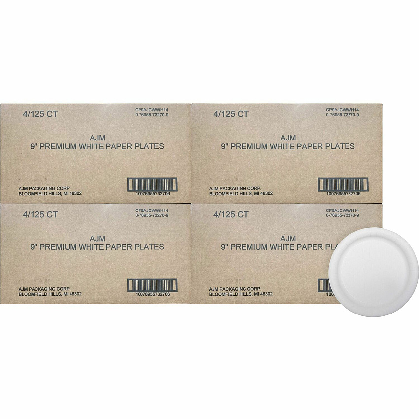 AJM 9" Dinnerware Paper Plates Disposable - 9" Diameter - White - Paper Body - 125/Pack - 4 / Carton (CP9AJCWWH1CT)