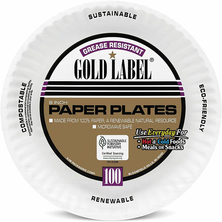 AJM 9" Dinnerware Paper Plates Serving - Disposable - Microwave Safe - 9" Diameter - White - Paper Body - 100 / Pack (CP9GOEWH)
