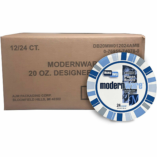 AJM ModernWare Designer 20 oz Paper Bowls Disposable - 7.8" Diameter - White - Paper Body - 24/Pack - 12 / Carton (DB20MW012)