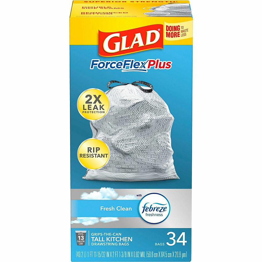Glad ForceFlexPlus Tall Kitchen Drawstring Trash Bags Fresh Clean with Febreze Freshness - 13 gal Capacity - 24.88" Length x 24.02" Width x 0.82 mil (21 Micron) Thickness - Drawstring Closure - Gray - Kitchen - 34 / Box (70320)