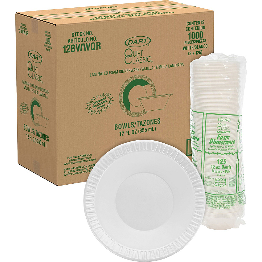 Dart Quiet Classic 12 oz Laminated Foam Bowls Serving - White - Foam, Plastic Body - 125/Pack - 8 / Carton (12BWWQRCT)