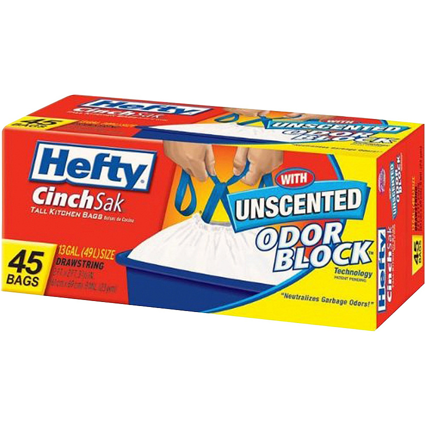 Hefty CinchSak 13-gallon Drawstring Bags 13 gal Capacity - Drawstring Closure - White - Garbage, Kitchen - 45 / Pack (E84572)