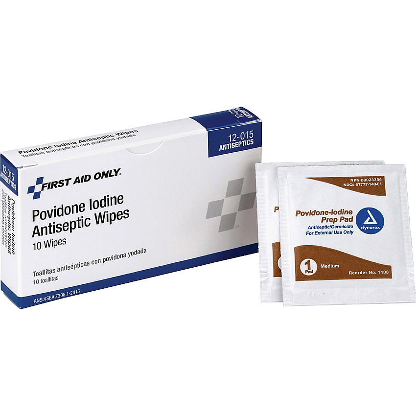 First Aid Only Povidone Iodine Antiseptic Wipes 2.3" Height x 0.8" Width x 4" Depth - 10 / Box (12015)