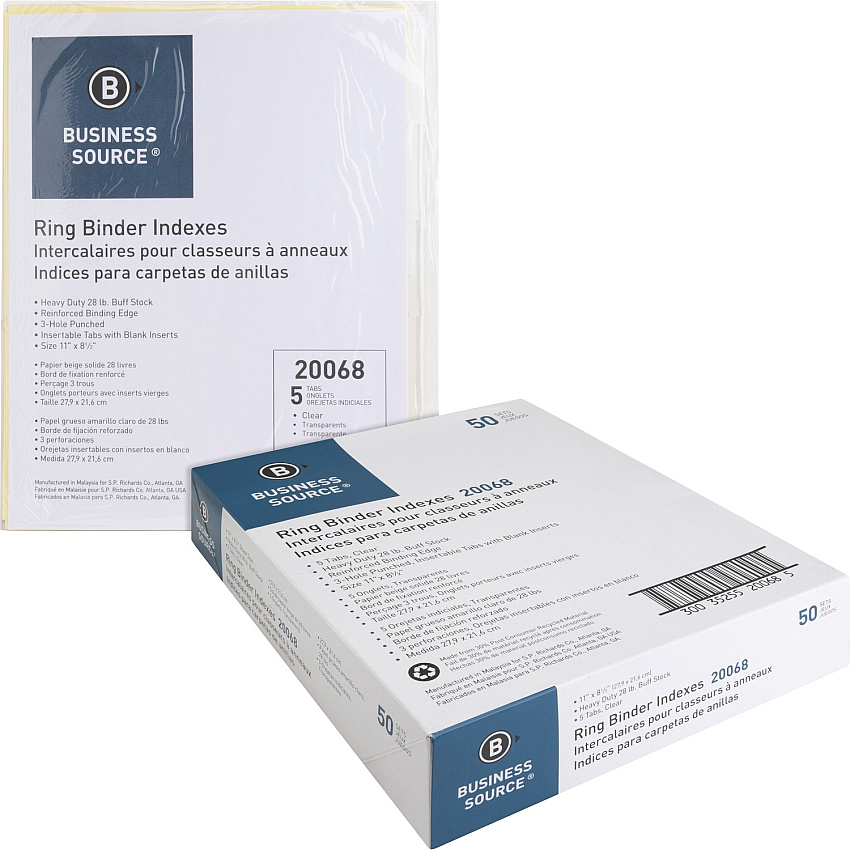 Business Source Buff Stock Ring Binder Indexes 5 x Divider(s) - Blank Tab(s) - 5 Tab(s)/Set - 2" Tab Width - 8.5" Divider Width x 11" Divider Length - Letter - 3 Hole Punched - Buff Buff Paper Divider - Clear Tab(s) - 50 / Box (BSN20068BX)