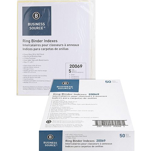 Business Source Buff Stock Ring Binder Indexes 8 x Divider(s) - Blank Tab(s) - 8 Tab(s)/Set - 1.25" Tab Width - 8.5" Divider Width x 11" Divider Length - Letter - 3 Hole Punched - Clear Buff Paper Divider - Clear Tab(s) - 50 / Box (BSN20069BX)