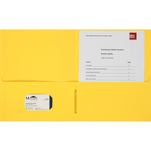 Business Source Letter Portfolio 8 1/2" x 11" - 125 Sheets Capacity - Inside Front & Back Pocket(s) - Yellow - Card Holder - 25 / Box (BSN78556)