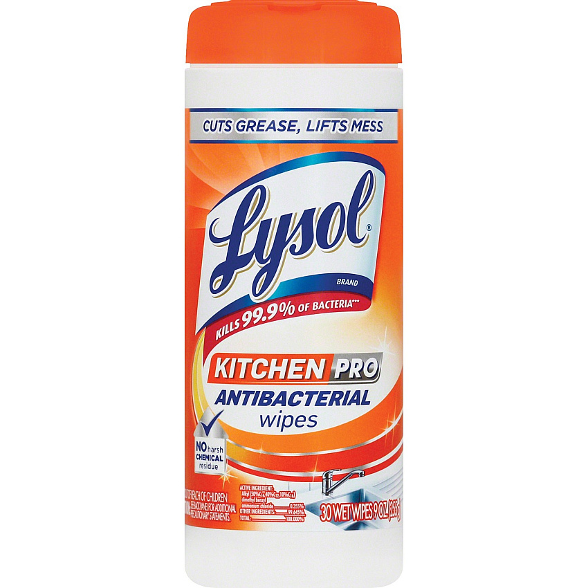 Lysol Kitchen Pro Anti-bacterial Wipes White - Anti-bacterial, Pre-moistened, Disposable, Residue-free - For Multipurpose - 30 / Each (96268)