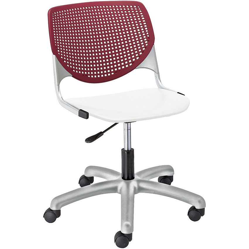 KFI Armless-Casters White Seat Color - Polypropylene Seat Material - Burgundy Back Color - Polypropylene Back Material - Powder Coated Silver Frame Color - Steel Frame Material - 5-star Base - 1 Each (TK2300B7S8)