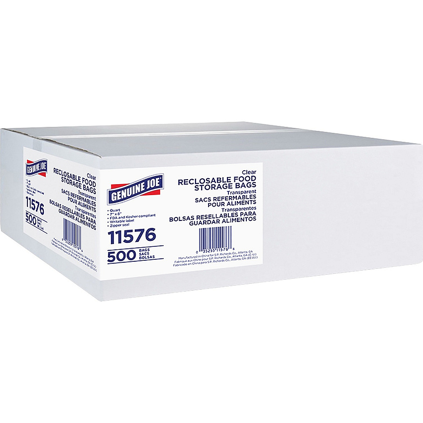 Genuine Joe Food Storage Bags 1 quart Capacity - 8" Length x 7" Width x 1.75 mil (44 Micron) Thickness - Zipper Closure - Clear - Food, Beef, Poultry, Vegetables, Seafood - 500 / Box (GJO11576)