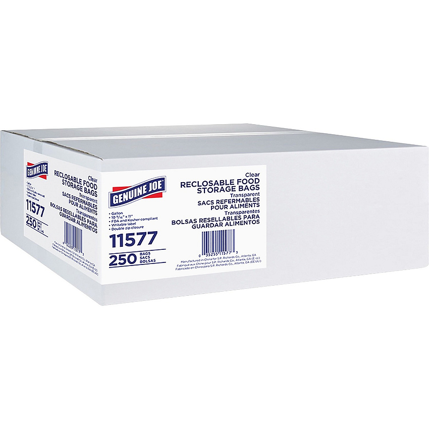 Genuine Joe Food Storage Bags 1 gal Capacity - 11" Length x 10.56" Width x 1.75 mil (44 Micron) Thickness - Zipper Closure - Clear - Food, Beef, Vegetables, Seafood, Poultry - 250 / Box (GJO11577)