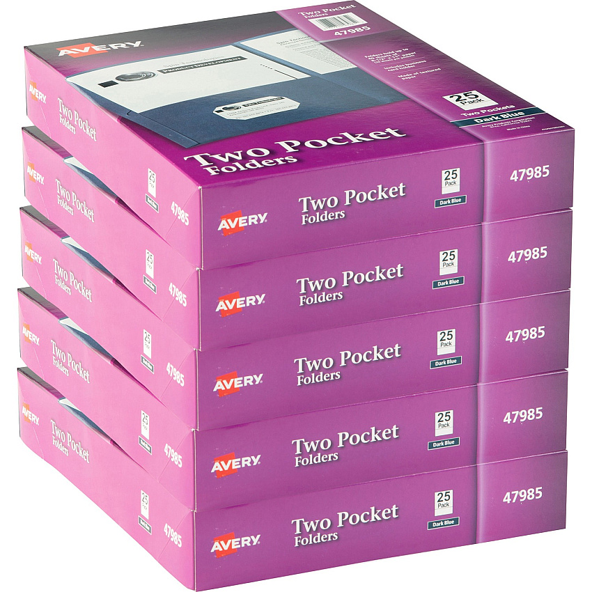 Avery&reg; Letter Pocket Folder 8 1/2" x 11" - 40 Sheets Capacity - 2 Internal Pocket(s) - Embossed Paper - Dark Blue - Embossed - 25/Box - 5 / Carton (47985CT)