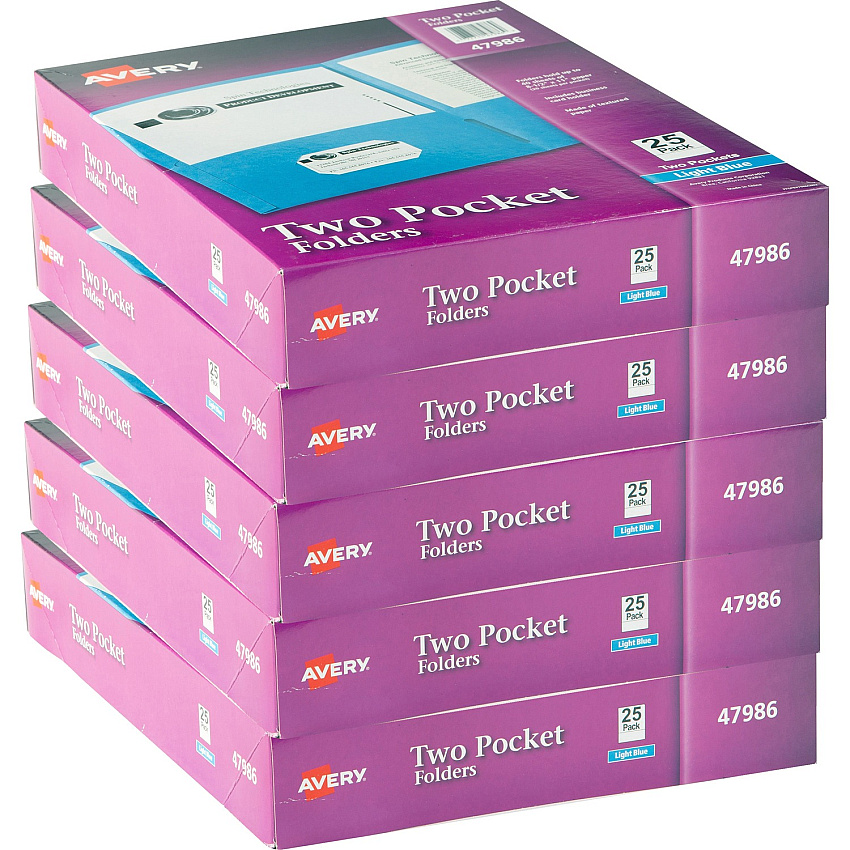 Avery&reg; Letter Pocket Folder 8 1/2" x 11" - 40 Sheets Capacity - 2 Internal Pocket(s) - Light Blue - Embossed - 25/Box - 5 / Carton (47986CT)