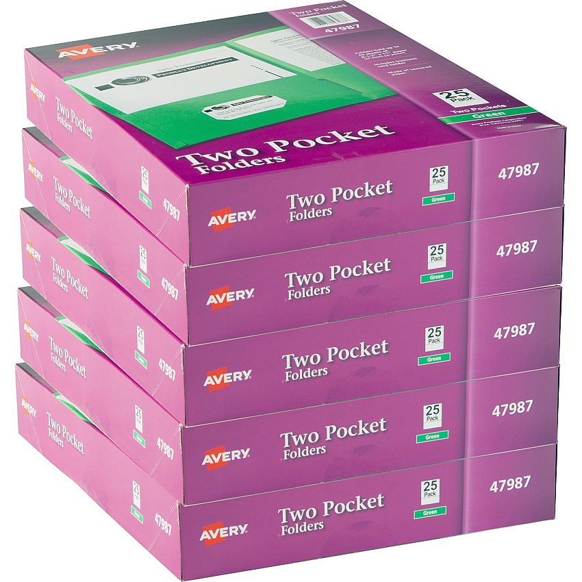 Avery&reg; Letter Pocket Folder 8 1/2" x 11" - 40 Sheets Capacity - 2 Internal Pocket(s) - Embossed Paper - Green - Embossed - 25/Box - 5 / Carton (47987CT)