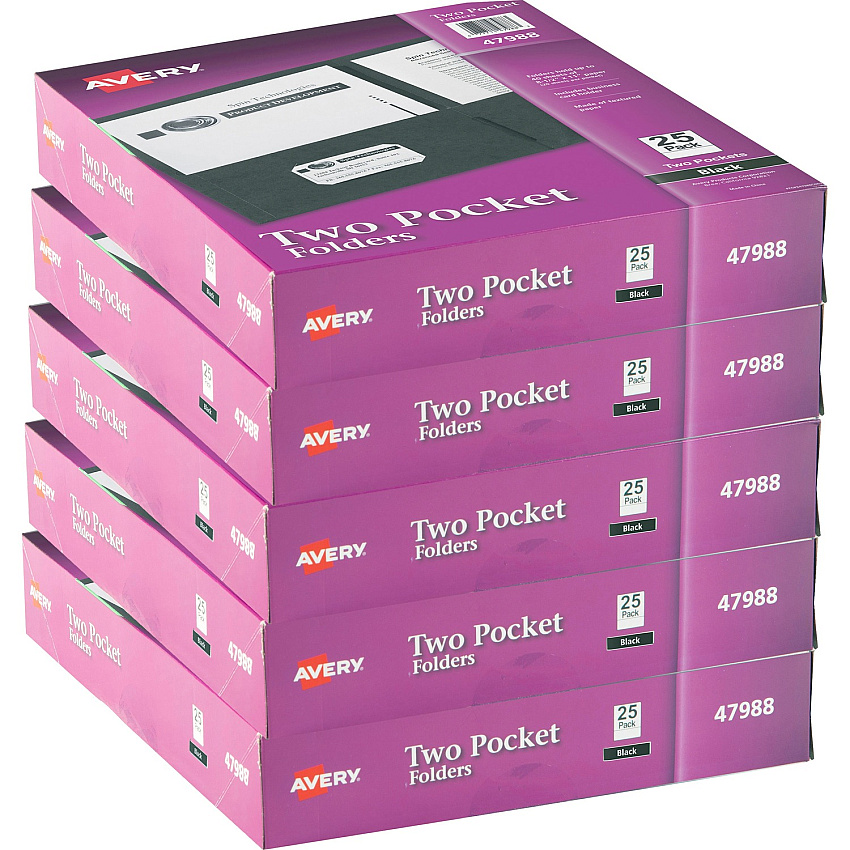 Avery&reg; Letter Pocket Folder 8 1/2" x 11" - 40 Sheets Capacity - 2 Internal Pocket(s) - Embossed Paper - Black - Embossed - 25/Box - 5 / Carton (47988CT)
