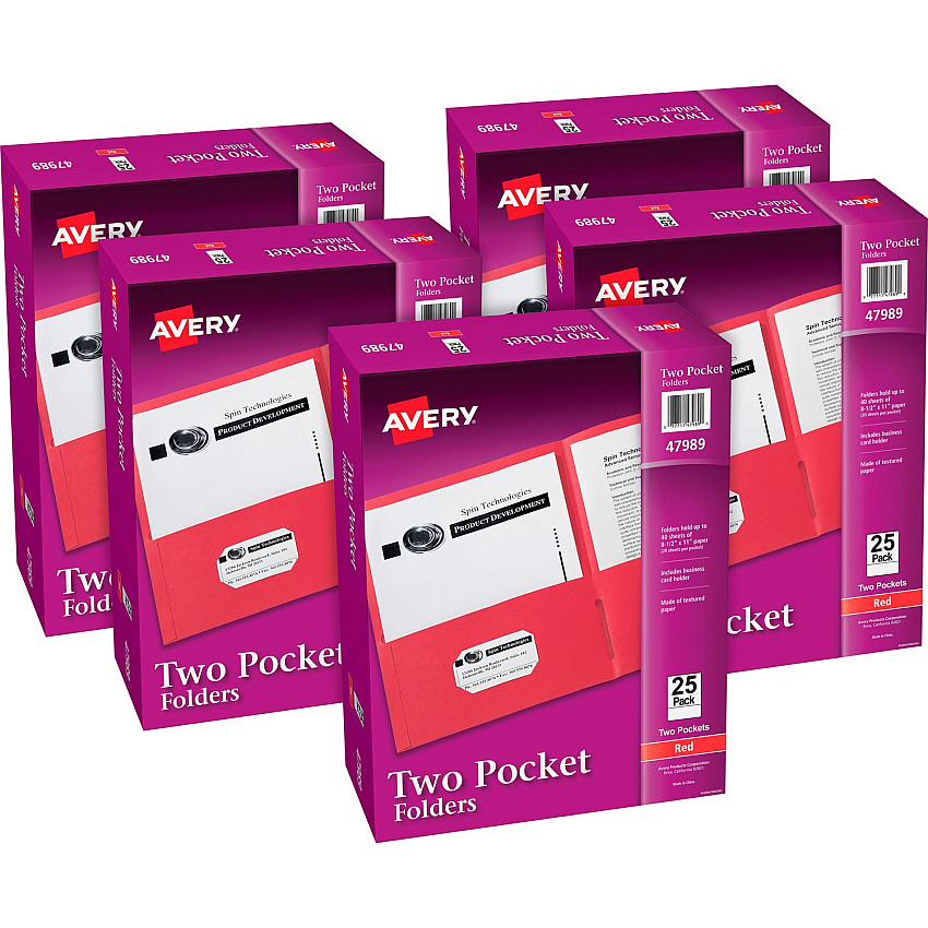 Avery&reg; Letter Pocket Folder 8 1/2" x 11" - 40 Sheets Capacity - 2 Internal Pocket(s) - Embossed Paper - Red - Embossed - 25/Box - 5 / Carton (47989CT)