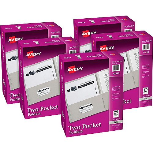 Avery&reg; Letter Pocket Folder 8 1/2" x 11" - 40 Sheets Capacity - 2 Internal Pocket(s) - Embossed Paper - Gray - Embossed - 25/Box - 5 / Carton (47990CT)