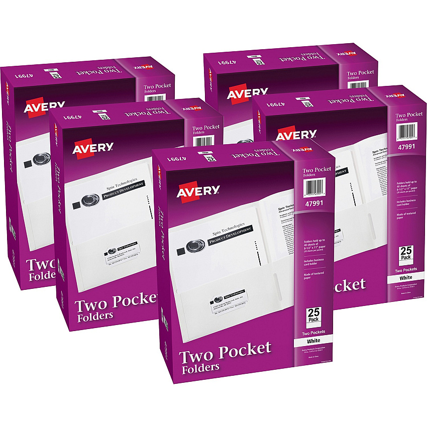 Avery&reg; Letter Pocket Folder 8 1/2" x 11" - 40 Sheets Capacity - 2 Internal Pocket(s) - Embossed Paper - White - Embossed - 25/Box - 5 / Carton (47991CT)