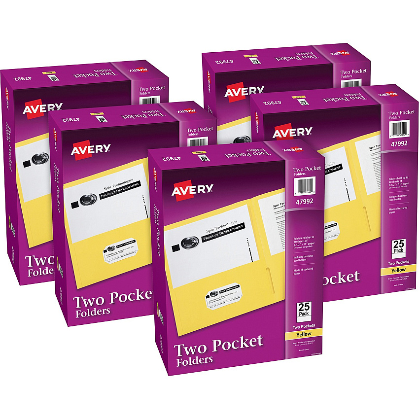 Avery&reg; Letter Pocket Folder 8 1/2" x 11" - 40 Sheets Capacity - 2 Internal Pocket(s) - Embossed Paper - Yellow - Embossed - 25/Box - 5 / Carton (47992CT)