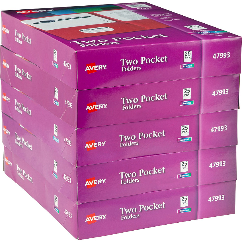 Avery&reg; Letter Pocket Folder 8 1/2" x 11" - 40 Sheets Capacity - 2 Internal Pocket(s) - Embossed Paper - Assorted - Embossed - 25/Box - 5 / Carton (47993CT)