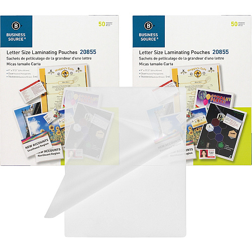 Business Source Letter Size Laminating Pouches Sheet Size Supported: Letter 8.50" Width x 11" Length - Laminating Pouch/Sheet Size: 9" Width x 11.50" Length x 5 mil Thickness - for Photo, Document, ID Badge, Recipe - Pre-trimmed - Clear - 50/ (BSN20855BD)