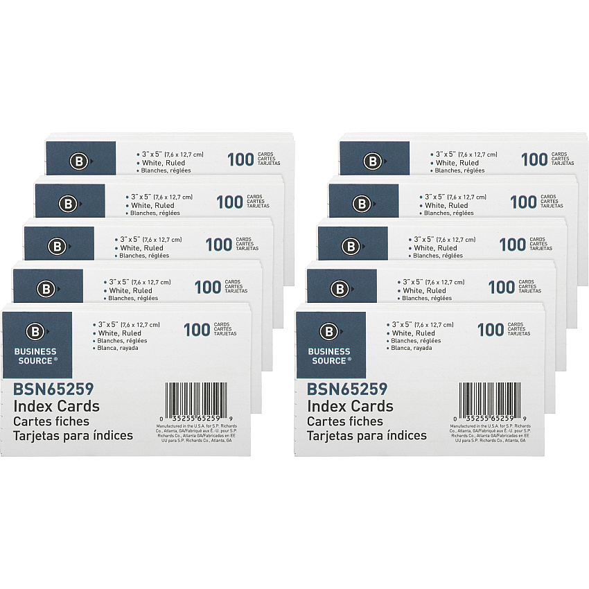 Business Source Ruled Index Cards Front Ruling Surface - Ruled Front Ruling - 72 lb Basis Weight - 5" x 3" Sheet Size - White Paper - 100/Pack - 10 / Box (BSN65259BX)