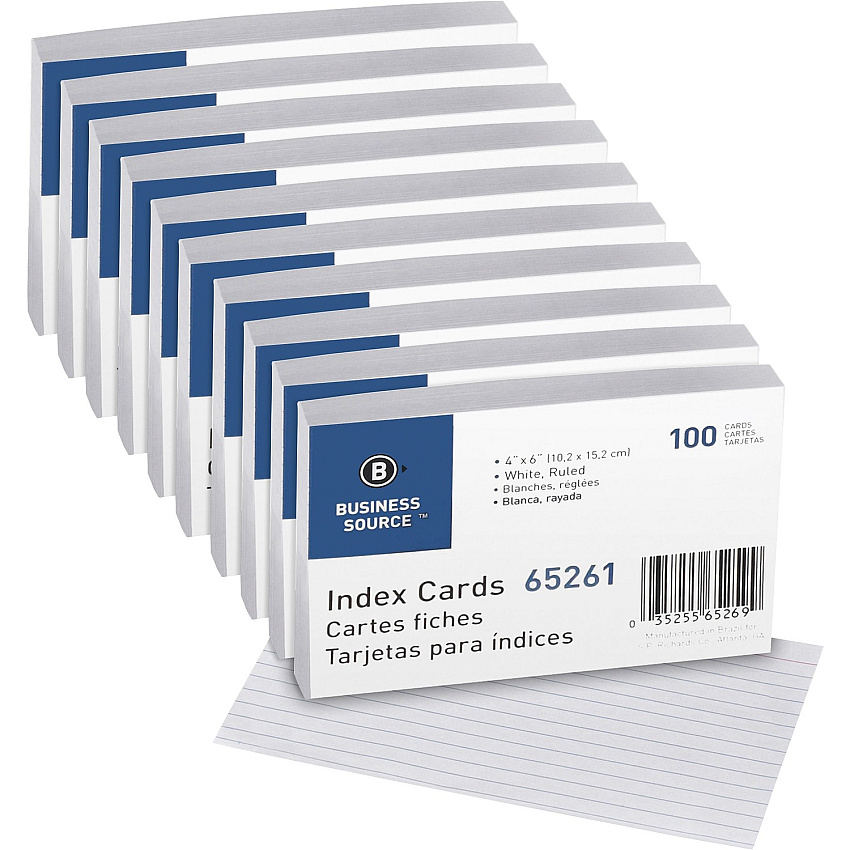 Business Source Ruled Index Cards Front Ruling Surface - Ruled Front Ruling - 72 lb Basis Weight - 6" x 4" Sheet Size - White Paper - 100/Pack - 10 / Box (BSN65261BX)