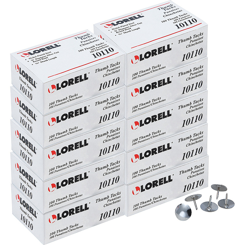 Lorell 5/16" Long Thumb Tacks 0.31" Shank - 0.38" Head - for Schedule, Wall - Silver - Nickel Plated Steel - 100/Pack - 10 / Box (LLR10110BX)