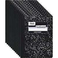 Mead Wide Ruled Composition Notebook 100 Sheets - Sewn - 7 1/2" x 9 3/4" Sheet Size - White Paper - Black Marble Cover - 12 / Carton (09910CT)