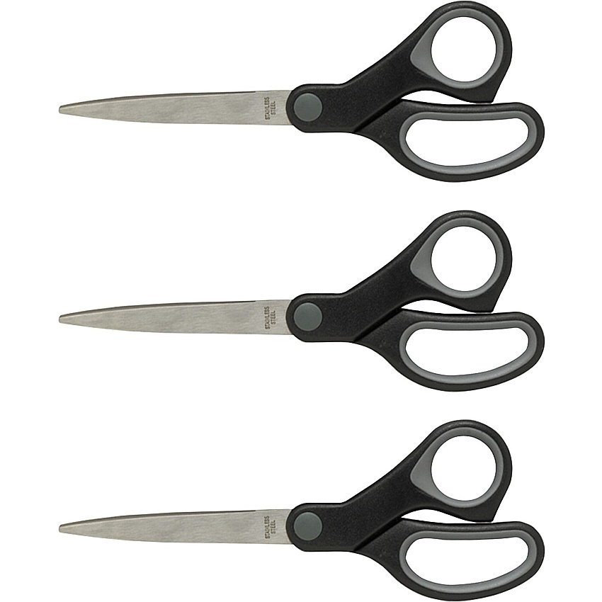 Sparco Straight Scissors w/Rubber Grip Handle 8" Overall Length - Straight - Stainless Steel - Black, Gray - 3 / Bundle (25226BD)