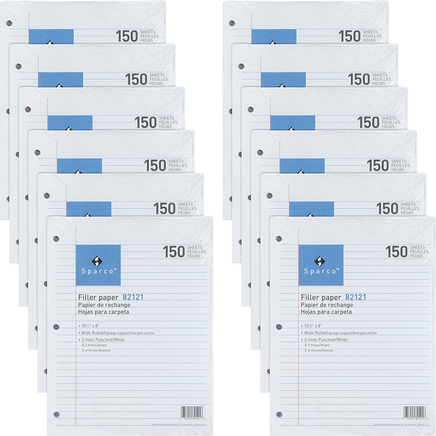 Sparco 3HP Filler Paper 1800 Sheets - Wide Ruled Front Ruling - 16 lb Basis Weight - 8" x 10 1/2" Sheet Size - White Paper - Bleed-free - 150/Pack - 12 / Bundle (82121BD)